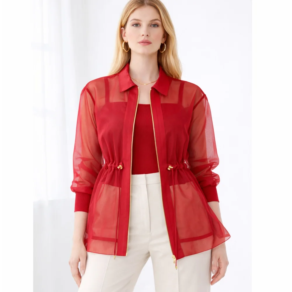 GSTQ Sheer Cinched Zip Jacket Valentine Red Gold Hardware Sz M Made in Portugal - Picture 1 of 9